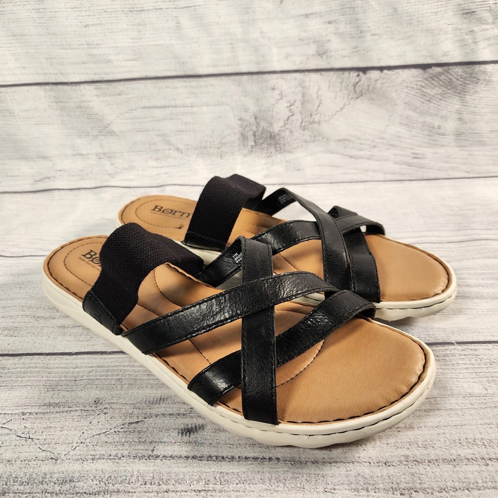 Born Børn Women's 11 Black Leather Strappy Platform Wedge Sandals BR0059203